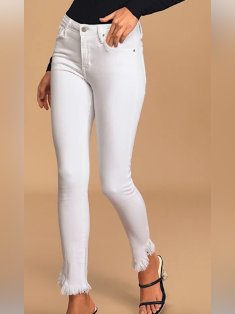 Just Black Denim white skinny jeans with frayed hi-lo hemline
